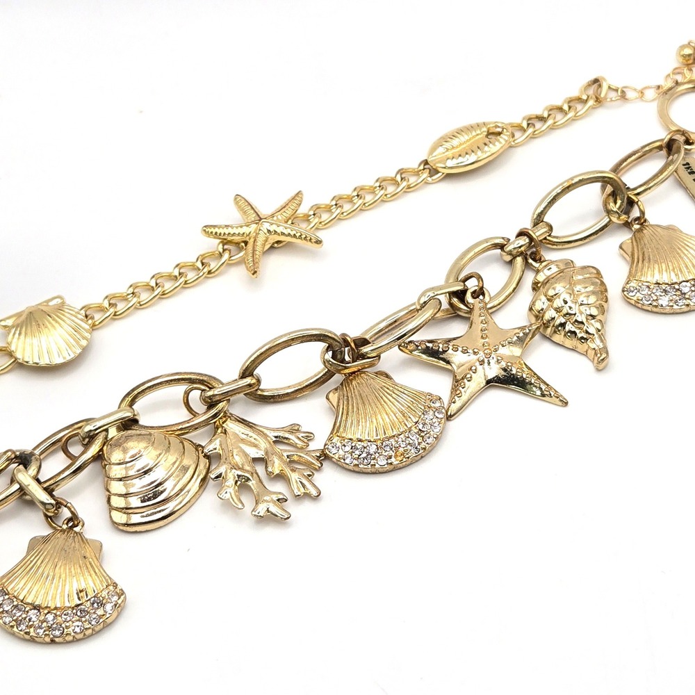 Pair of Gold Tone Nautical Shell Starfish Charm Bracelet Rhinestone The Limited